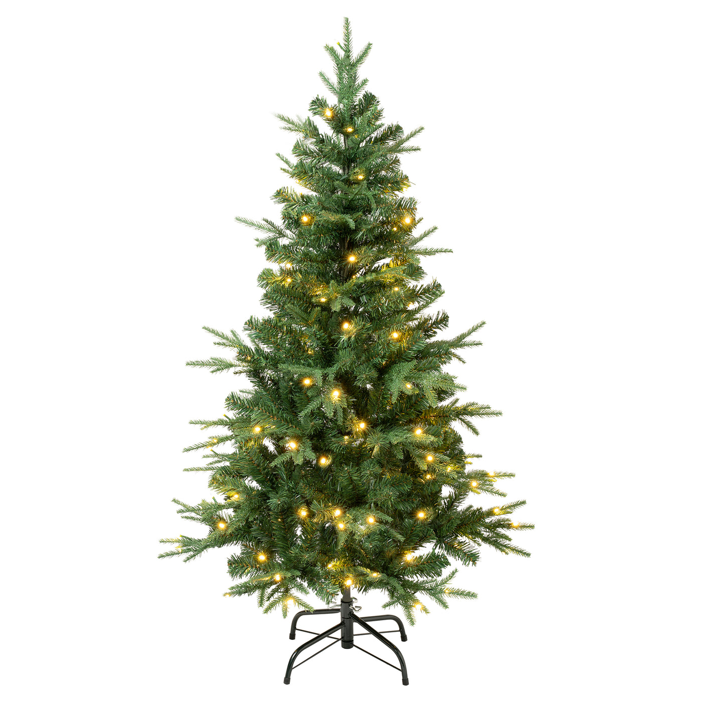 Artificial Christmas tree with warm white lights and a black metal stand.