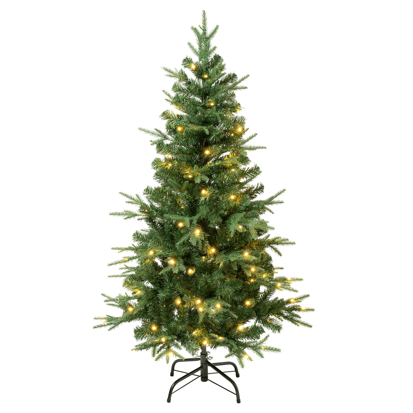 Artificial Christmas tree with warm white lights and a black metal stand.
