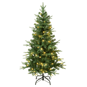 Artificial Christmas tree with warm white lights and a black metal stand.