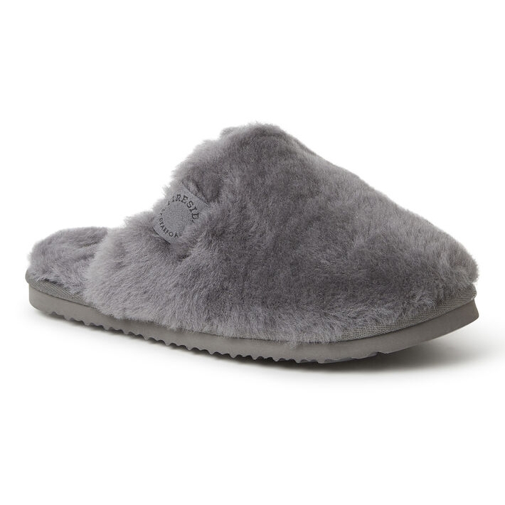 Gray, fluffy shearling slippers with closed-toe design and a durable, flat sole.