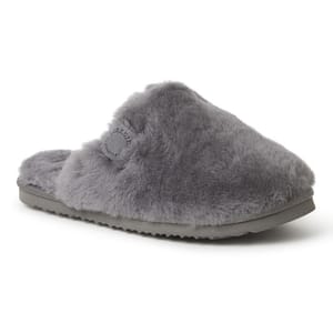 Gray, fluffy shearling slippers with closed-toe design and a durable, flat sole.
