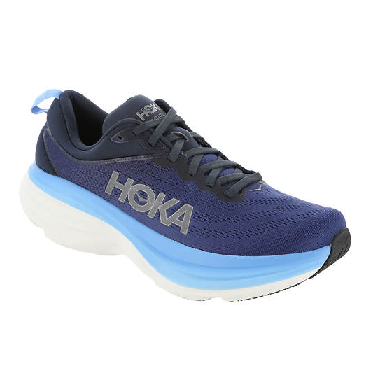 Hoka Men's Bondi 8 Running Shoes feature a navy and light blue design with a thick, cushioned white sole for support and comfort, emphasizing lightweight and breathable construction suitable for running.