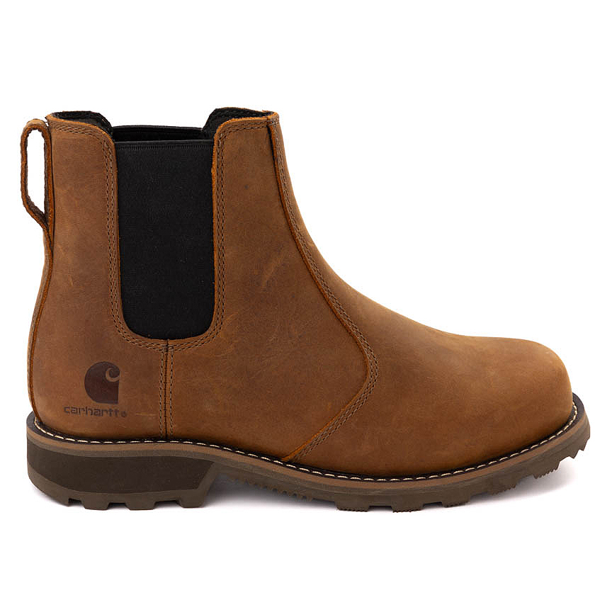 Carhartt Women's Chelsea Boot features a brown leather upper with elastic side panels, a pull tab for easy on-and-off, and a durable rubber outsole for traction.