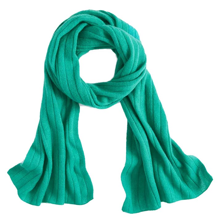 A green, ribbed knit scarf with a looped design.