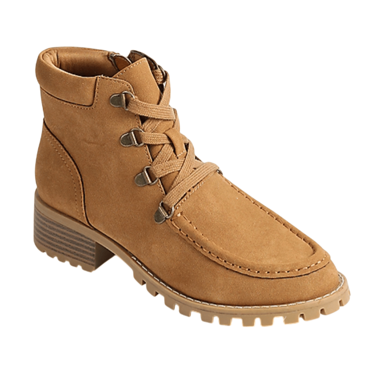 Tan lace-up ankle boot with a chunky heel and rugged sole, featuring metal eyelets and visible stitching.