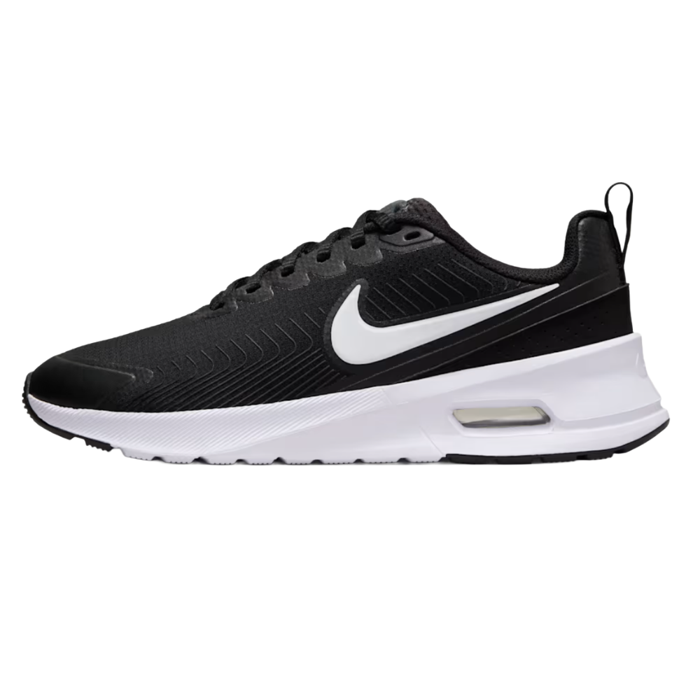 A black and white athletic sneaker with a prominent white swoosh logo, featuring a cushioned sole and breathable upper material.