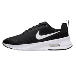 A black and white athletic sneaker with a prominent white swoosh logo, featuring a cushioned sole and breathable upper material.