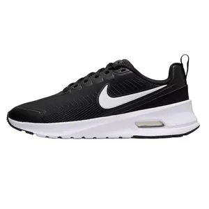 A black and white athletic sneaker with a prominent white swoosh logo, featuring a cushioned sole and breathable upper material.
