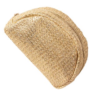 A compact, semi-circular golden clutch with a textured, woven design and a zipper closure.