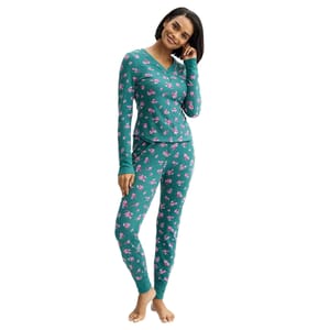 Sonoma 2pc Thermal Pajama Set features a teal color with a pink floral pattern, long sleeves, and a V-neck top paired with matching fitted bottoms.