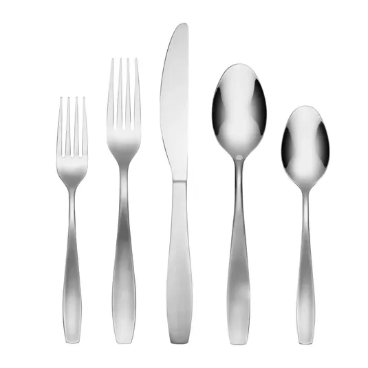 A set of five stainless steel cutlery pieces: two forks, a knife, a large spoon, and a small spoon, all featuring a sleek, modern design.