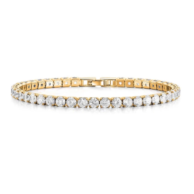 A gold tennis bracelet with a single row of uniformly sized round diamonds set in a continuous line.