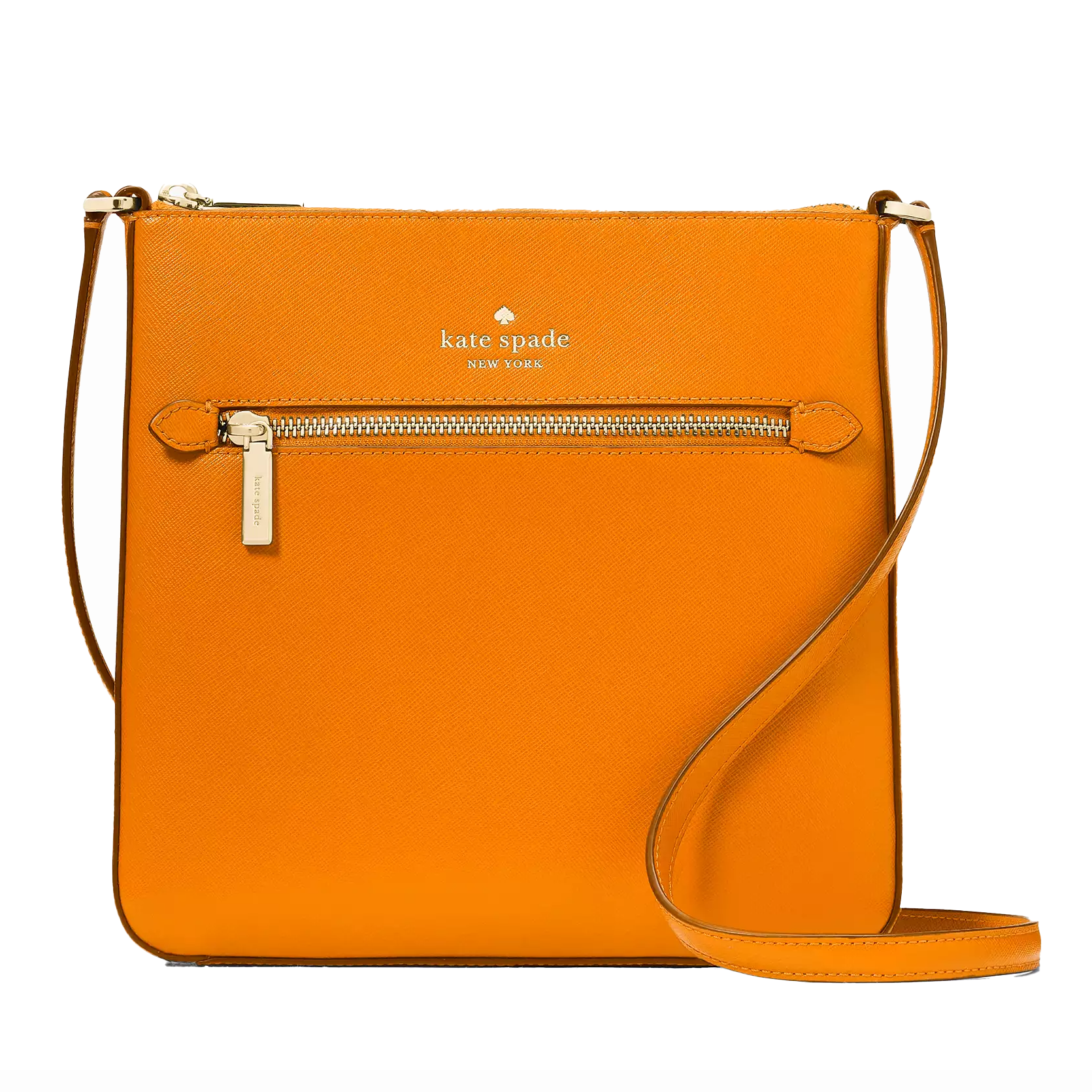 An orange Kate Spade crossbody bag featuring a front zipper pocket, gold-tone hardware, and an adjustable strap.