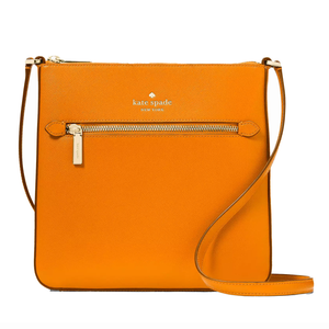 An orange Kate Spade crossbody bag featuring a front zipper pocket, gold-tone hardware, and an adjustable strap.
