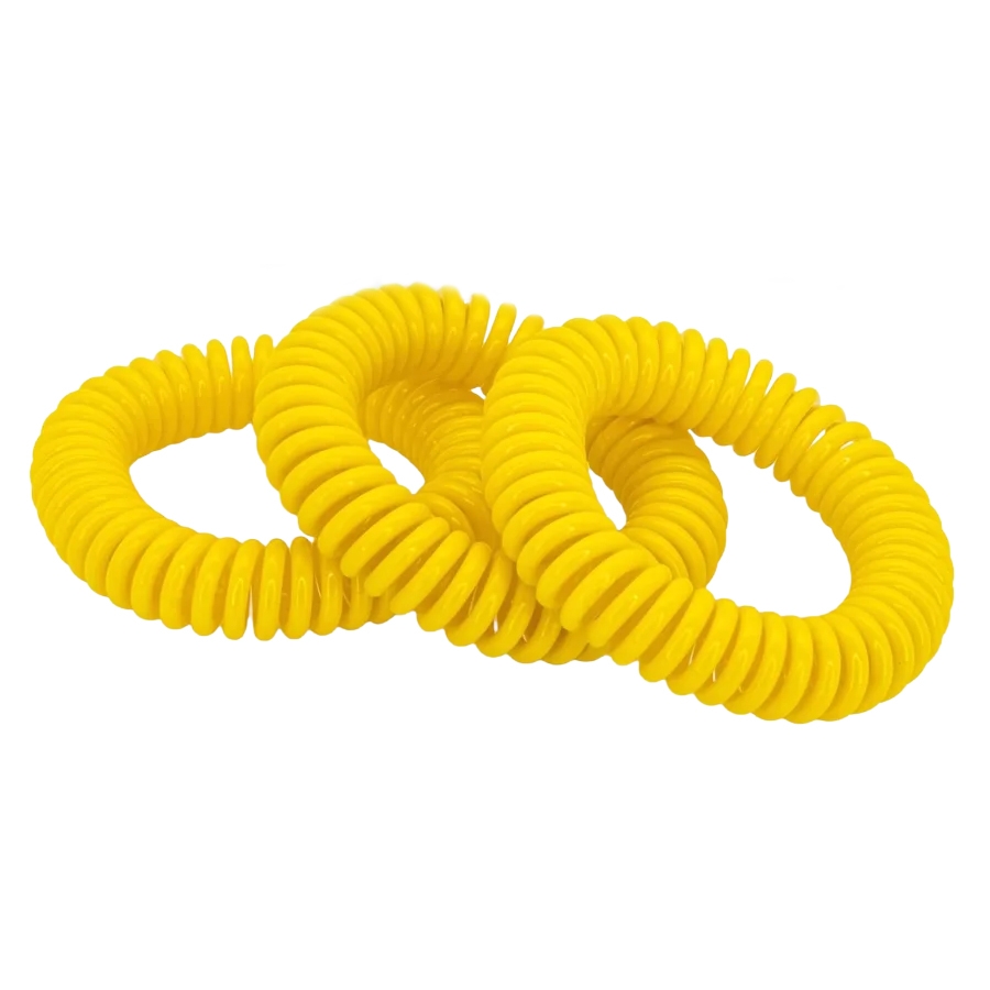 Three yellow coiled plastic wristbands, commonly used as mosquito repellent bands.