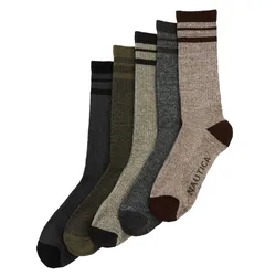 Five pairs of crew socks in various shades of gray, brown, and green with striped cuffs. The rightmost sock has the brand name \“NAUTICA\“ visible near the foot.