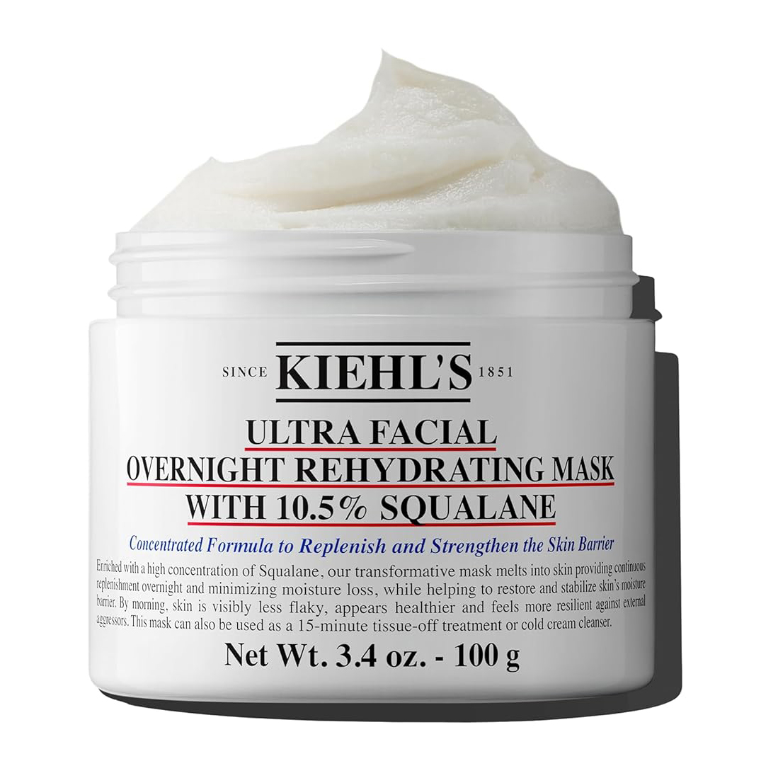 Kiehl's Ultra Facial Overnight Rehydrating Mask features 10.5% squalane, designed to replenish and strengthen the skin barrier, minimizing moisture loss and improving skin's appearance. Net weight: 3.4 oz (100 g).