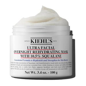 Kiehl's Ultra Facial Overnight Rehydrating Mask features 10.5% squalane, designed to replenish and strengthen the skin barrier, minimizing moisture loss and improving skin's appearance. Net weight: 3.4 oz (100 g).