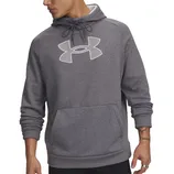 Gray Under Armour hoodie with a large front logo, drawstring hood, and a front kangaroo pocket.