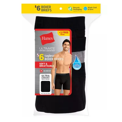 Hanes Ultimate pack of 6 tagless boxer briefs, soft and breathable with no ride-up, featuring an ultra-comfort waistband and wicking cool comfort fabric. Includes one free pair.