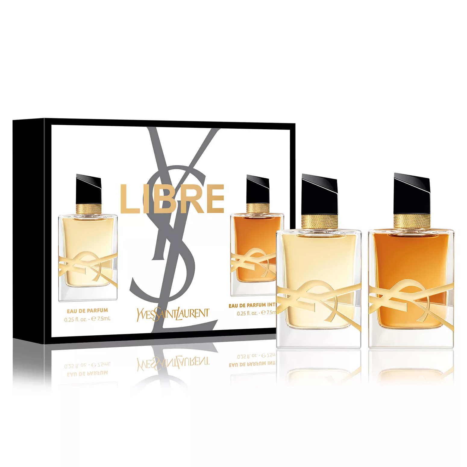 Yves Saint Laurent Libre set includes two Eau de Parfum bottles, a regular and an intense version, each 0.25 fl. oz. (7.5 ml), with a sleek black and gold design.