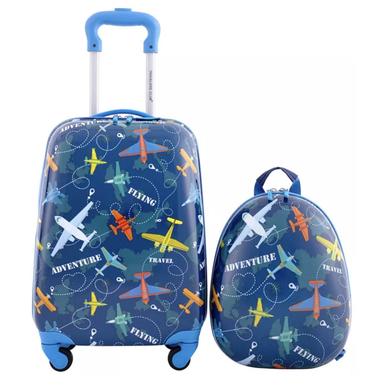 Two-piece children's luggage set featuring a blue suitcase and matching backpack, both decorated with colorful airplanes and words like \“Adventure,\“ \“Travel,\“ and \“Flying.\“