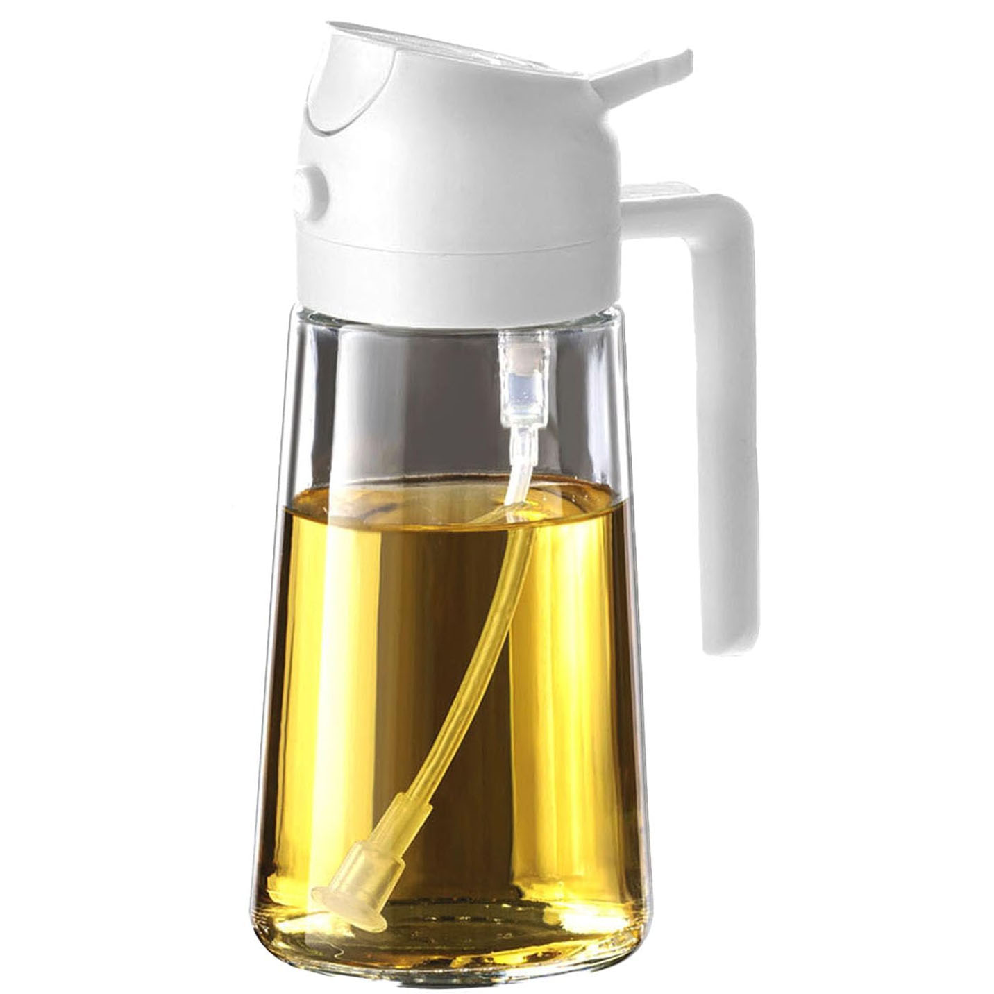 Clear oil dispenser with a white-capped spout and handle, containing yellow liquid.