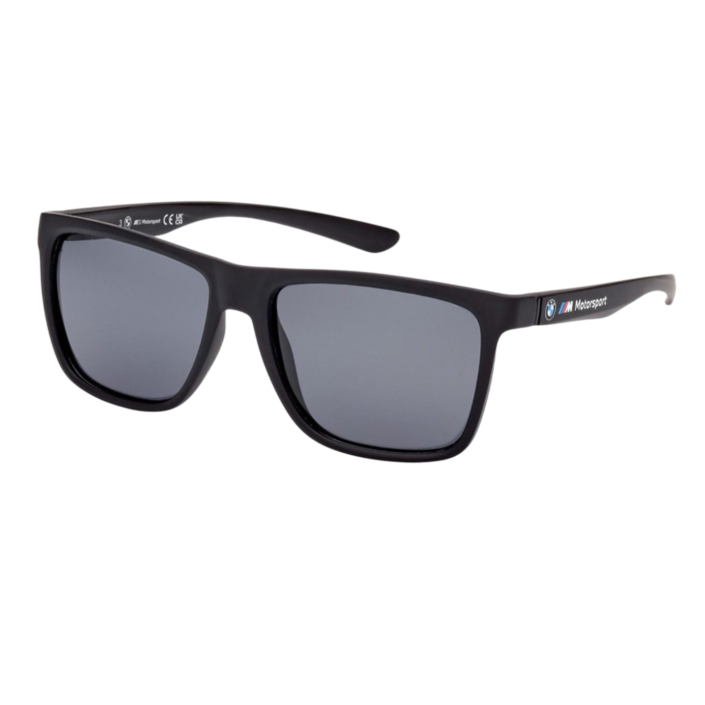 Black sunglasses with a sleek rectangular frame, featuring the BMW M Motorsport logo on the temple.