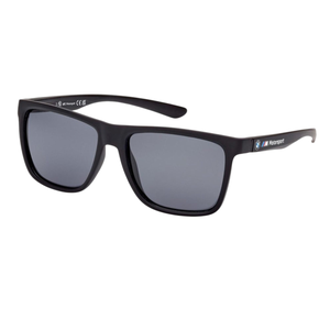 Black sunglasses with a sleek rectangular frame, featuring the BMW M Motorsport logo on the temple.