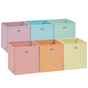 Six pastel-colored fabric storage bins with metal grommet handles, including pink, blue, green, peach, orange, and yellow.