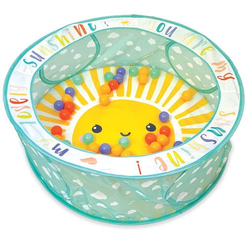 a blue colored pop up ball pit with a sun motif
