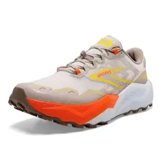 A trail running shoe featuring a beige upper with orange and yellow accents, rugged outsole for grip, and a cushioned midsole for comfort.