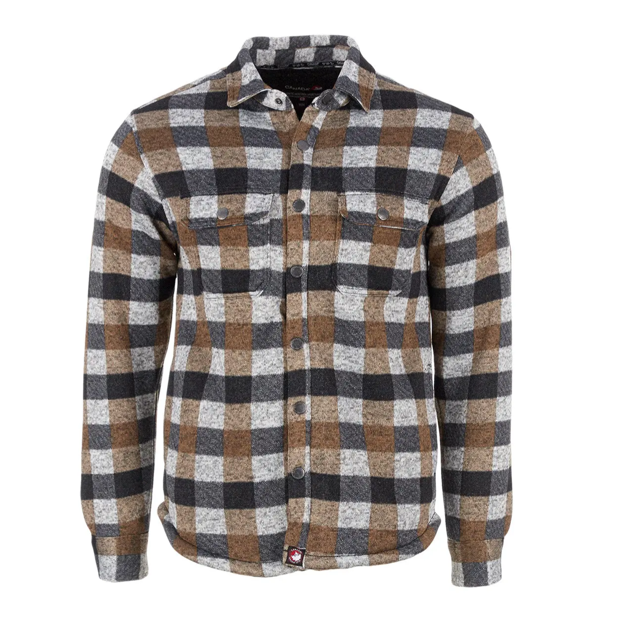 A brown, black, and gray plaid long-sleeve flannel shirt with button closures and chest pockets.