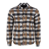 A brown, black, and gray plaid long-sleeve flannel shirt with button closures and chest pockets.