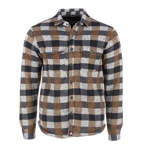 A brown, black, and gray plaid long-sleeve flannel shirt with button closures and chest pockets.