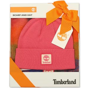 Timberland scarf and hat set in pink, packaged in a gift box with an orange bow and tag.