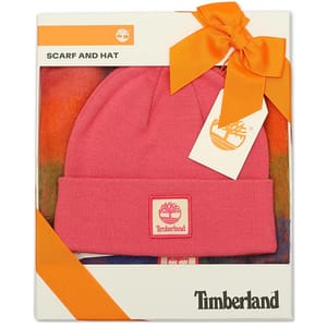 Timberland scarf and hat set in pink, packaged in a gift box with an orange bow and tag.