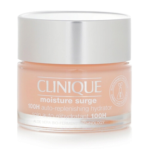 Clinique Moisture Surge 100H Auto-Replenishing Hydrator is a peach-colored skincare cream in a clear container with a silver lid, featuring aloe vera bio-ferment technology for long-lasting hydration.