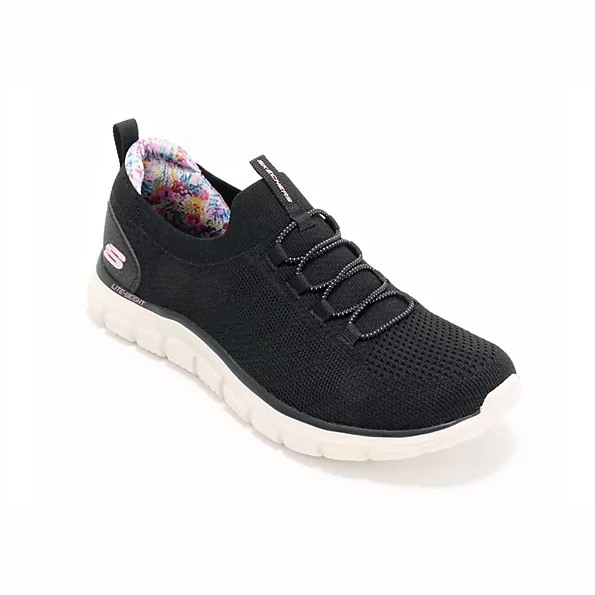 Black Skechers Knit Bungee Sneakers with a slip-on design, elastic bungee laces, and a white sole, featuring a colorful floral inner lining.