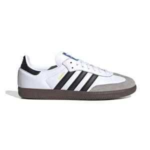 Adidas Samba sneaker in white with black stripes, featuring a gum sole and suede toe cap.