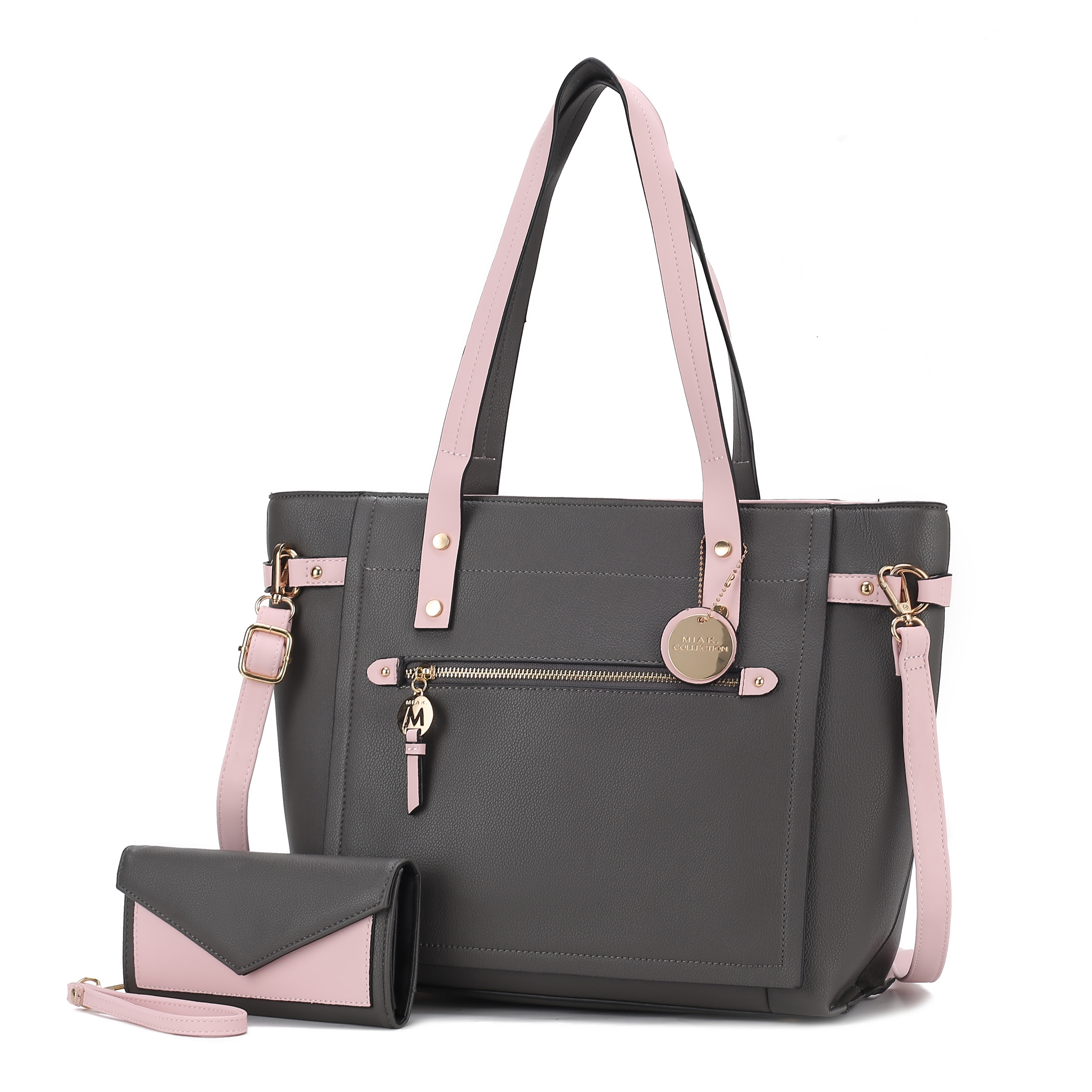 A stylish gray and pink handbag with a matching wallet. The bag features gold-tone hardware, including a zipper, emblem, and a detachable shoulder strap.
