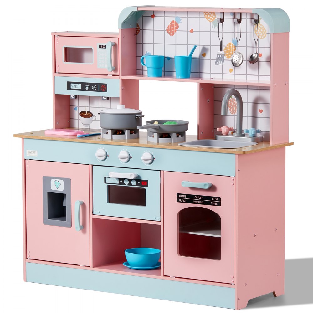 A colorful kids' kitchen playset with a stove, oven, microwave, sink, and utensils. Features pastel pink and blue colors with interactive knobs and accessories like pots and cups. Ideal for imaginative play.