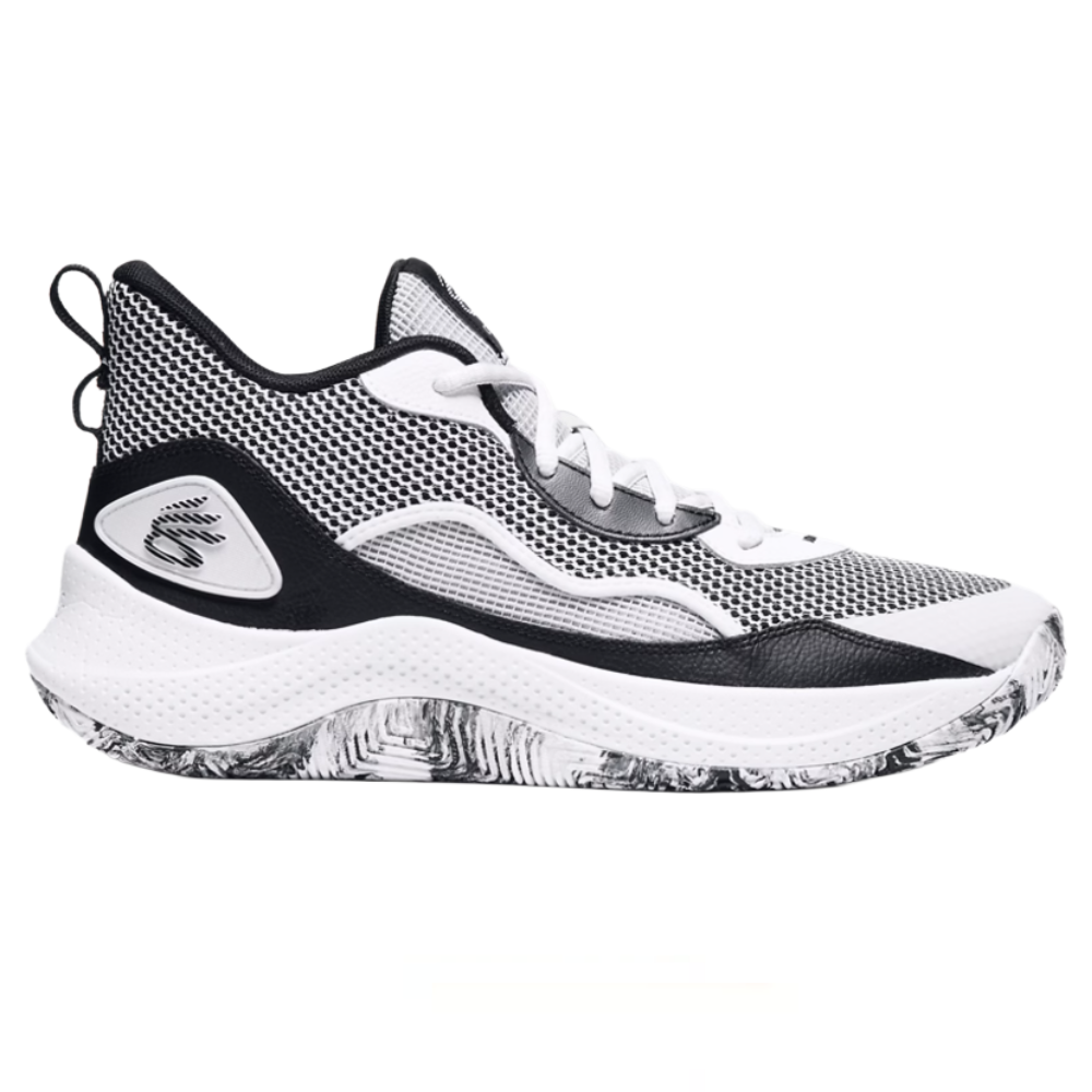Black and white athletic shoe featuring a mesh upper, reinforced lace area, cushioned midsole, and a marbled pattern outsole.
