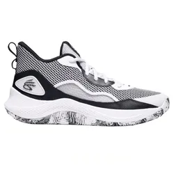 Black and white athletic shoe featuring a mesh upper, reinforced lace area, cushioned midsole, and a marbled pattern outsole.