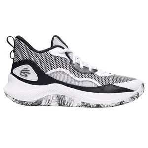 Black and white athletic shoe featuring a mesh upper, reinforced lace area, cushioned midsole, and a marbled pattern outsole.