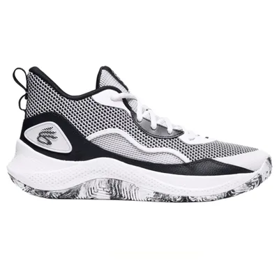 Black and white athletic shoe featuring a mesh upper, reinforced lace area, cushioned midsole, and a marbled pattern outsole.