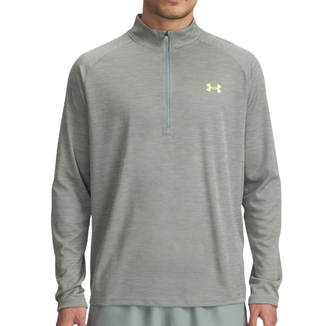 Gray long-sleeve pullover with a quarter zip and a yellow Under Armour logo on the chest.