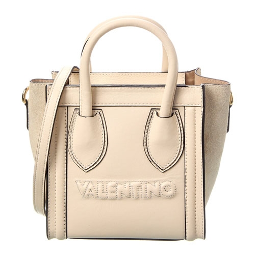 Cream-colored Valentino Eva Tote Bag with embossed logo, features dual rounded handles and a detachable shoulder strap. Compact, structured design with visible stitching and simple, elegant style.