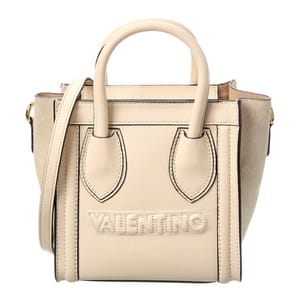 Cream-colored Valentino Eva Tote Bag with embossed logo, features dual rounded handles and a detachable shoulder strap. Compact, structured design with visible stitching and simple, elegant style.