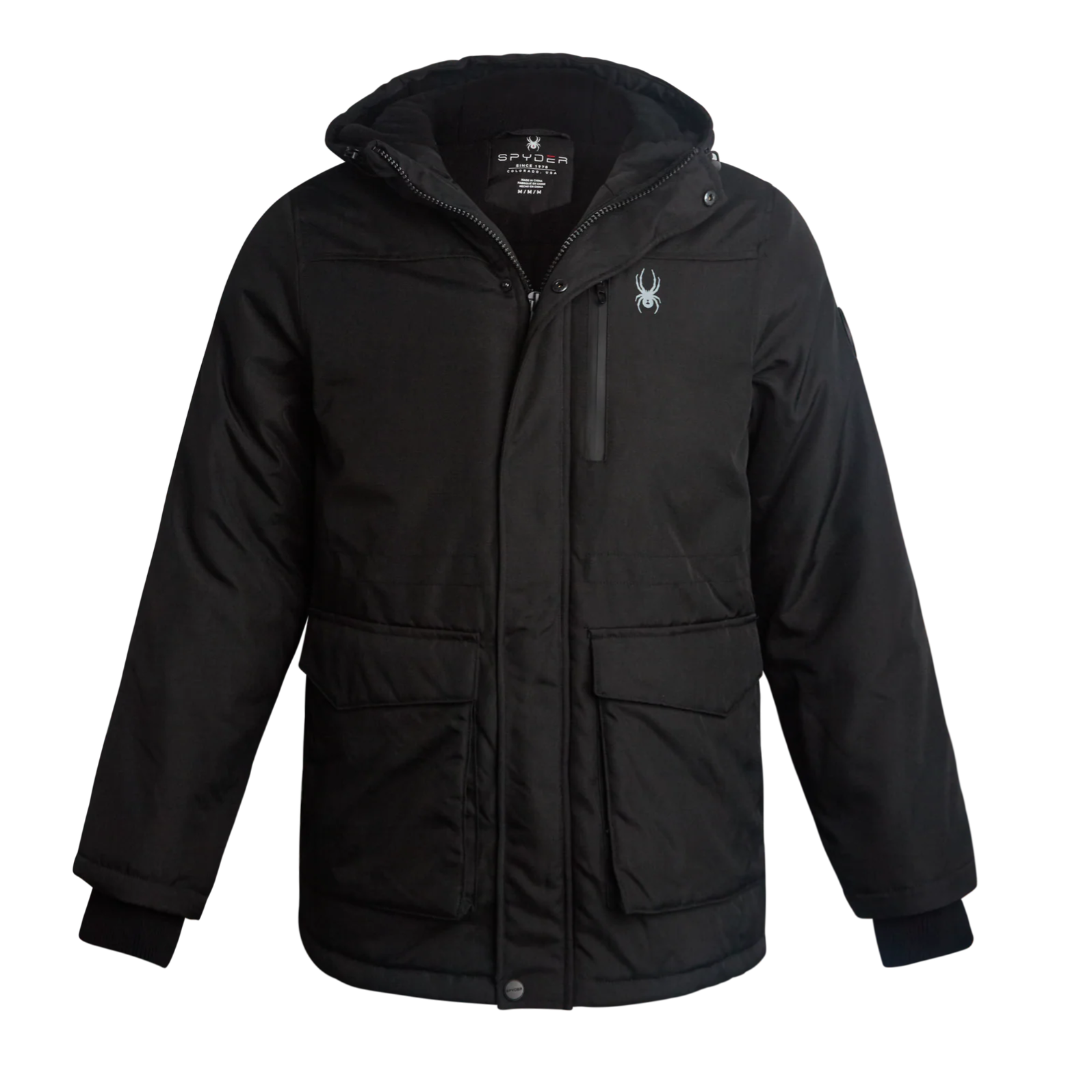 A black hooded jacket with a Spyder logo, featuring multiple front pockets and a zip-up front with additional button snaps.